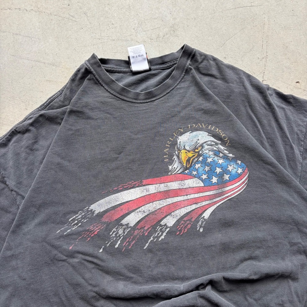 Vintage Harley Davidson Yellowstone Montana Eagle Flag T-Shirt 4XL Faded Black